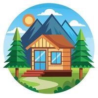 A small cabin in the mountains with trees and mountains vector