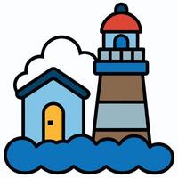 A lighthouse and house with clouds in the background vector