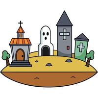 A cartoon village with a church and a graveyard vector