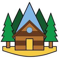 A cartoon house with trees and a mountain in the background vector