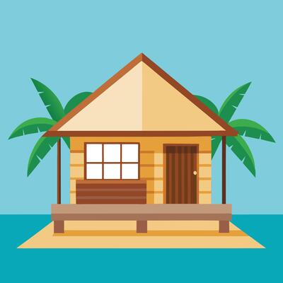 A small house on the beach with palm trees