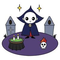 A cartoon character in a halloween costume standing next to a graveyard vector