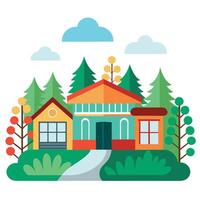 An illustration of a house with trees and a path vector