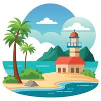 Tropical island with lighthouse and palm trees vector