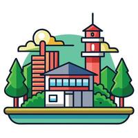 A city with a lighthouse and trees vector