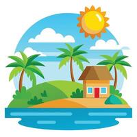 Tropical island with house and palm trees vector