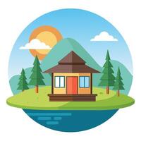 A house on a lake with trees and mountains vector