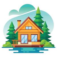A cartoon house on a lake with trees and clouds vector