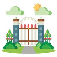 An illustration of a gate with flowers and trees vector