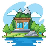 A small cabin on a small island with mountains in the background vector