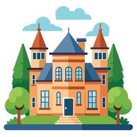 An illustration of a castle with a tower and trees vector