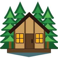A cabin in the woods with trees and a lake vector