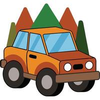 An orange car with trees and mountains in the background vector