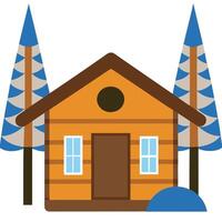 A small log cabin with trees and a snow covered hill vector