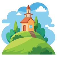 Church on hill with trees and clouds illustration vector