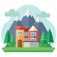 House with mountains and trees on a white background vector