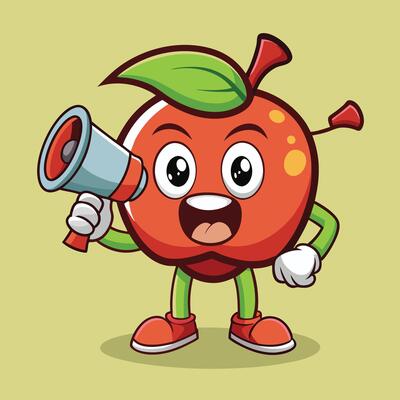 Cartoon apple character holding a megaphone
