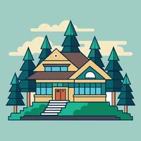 House in the forest with trees and clouds vector