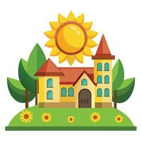 A house with sun and trees on a hill vector