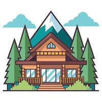 A log cabin with trees and mountains in the background vector