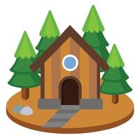 A small cabin in the woods with trees and rocks vector