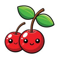 Two cherries with green leaves and eyes vector