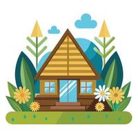 A small wooden house with flowers and grass vector