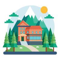 A house with trees and mountains in the background vector