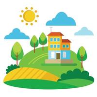House on hill with trees and sun vector