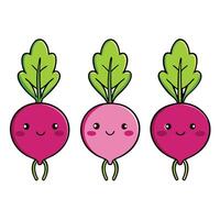 Three radishes with faces and green leaves vector