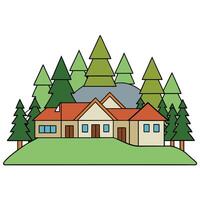 A house with trees and a mountain in the background vector