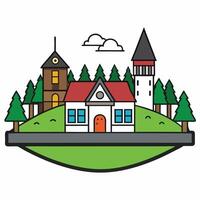 A cartoon house with trees and a church on top vector
