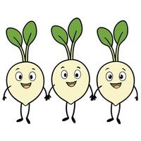 Three cartoon turnips with faces and eyes vector