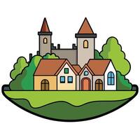 A cartoon castle with trees and grass vector