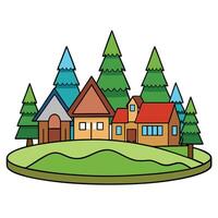 A cartoon house with trees and a hill vector