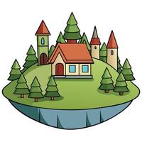 A cartoon house on an island with trees and trees vector