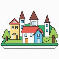 A cartoon house with trees and a hill vector