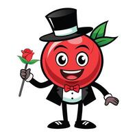 A cartoon red apple in a tuxedo holding a rose vector