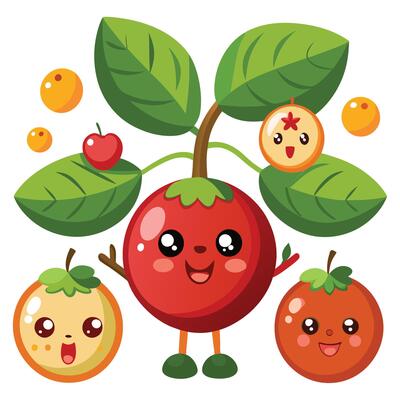 A cartoon tomato with fruit and leaves