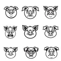 Collection of Pig Face Outline Design - Piggy Head illustration in black and white vector
