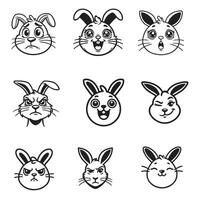 Set of Cute Rabbit Face Outline Design - Baby Bunny Head illustration in black and white vector
