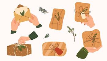 Gift boxes set. Holiday presents wrapped in festive paper wrapping, decorated with ribbon bows, strings and twines in kraft paper. Surprises in gift boxes. vector