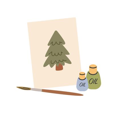 Paint brush and ink bottle with a Christmas tree, illustration