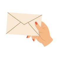Hand holding envelope. Trendy post cards, mail delivery . Envelope mail correspondence in hands. vector