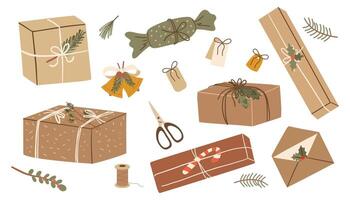 Gift boxes set. Holiday presents wrapped in festive paper wrapping, decorated with ribbon bows, strings and twines in kraft paper. Surprises in gift boxes. vector