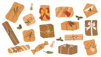 Gift boxes set. Holiday presents wrapped in festive paper wrapping, decorated with ribbon bows, strings and twines in kraft paper. Surprises in gift boxes. vector