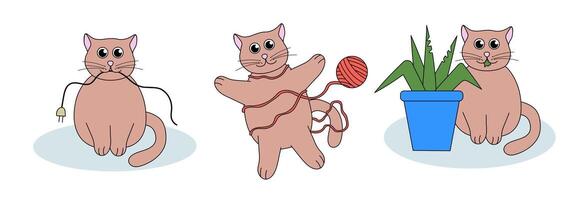 Set of problem with cat behavior. Kitten eat plant, play with ball of thread, chews up the wires. Cute flat illustration. vector