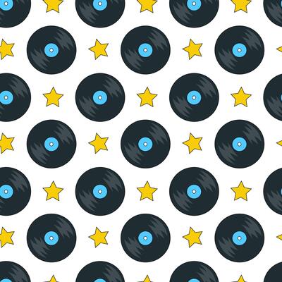 Seamless Pattern with Vinyl record and star. LP or long play music discs. DJ equipment for party. 70s 80s 90s discotheque nostalgia concept. flat graphic illustration.