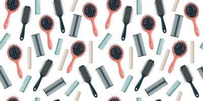 Seamless pattern with colorful combs and hair brushes on a light background. vector