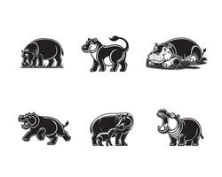 Set Hippopotamus Silhouette design, Hippopotamus illustration in black and white vector